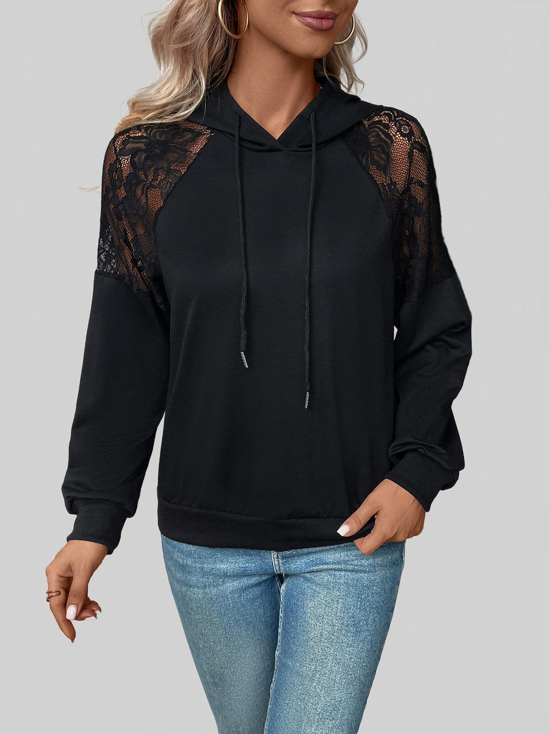 Perfee Lace Detail Drawstring Long Sleeve Hoodie nicholesgifts