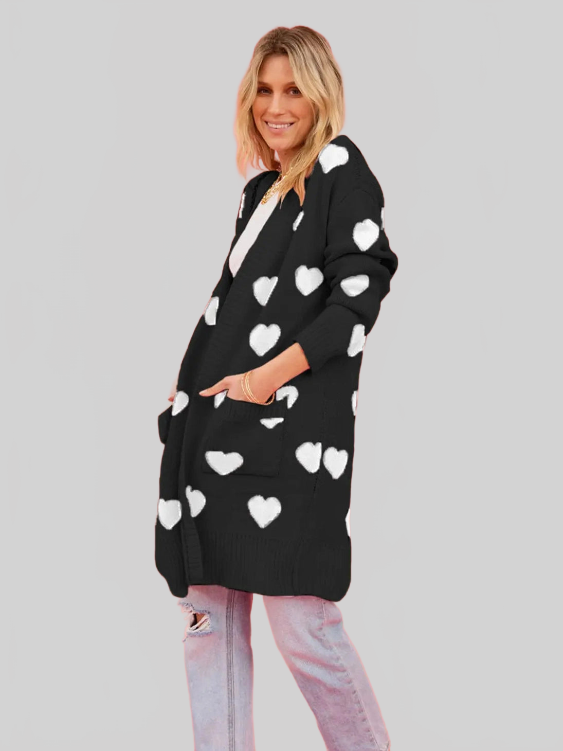 Women Heart Graphic Open Front Cardigan with Pockets nicholesgifts