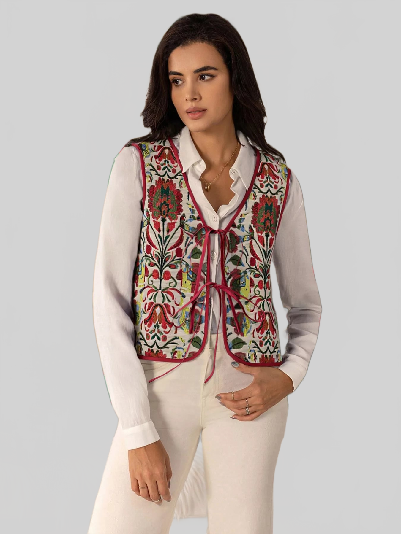 Floral Embroidered Tie-Front Vest Coat nicholesgifts