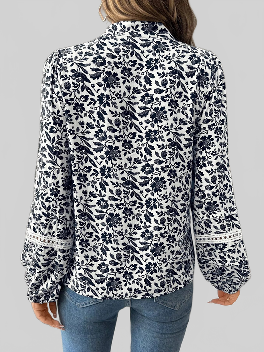 Printed Tie Neck Long Sleeve Blouse NicholesGifts