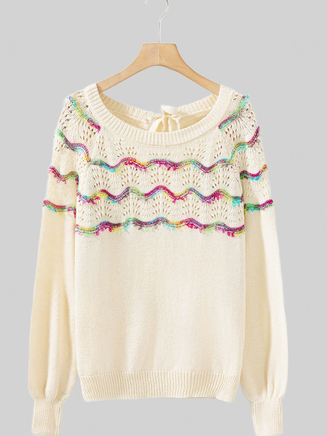 Women Openwork Wavy Striped Round Neck Sweater nicholesgifts