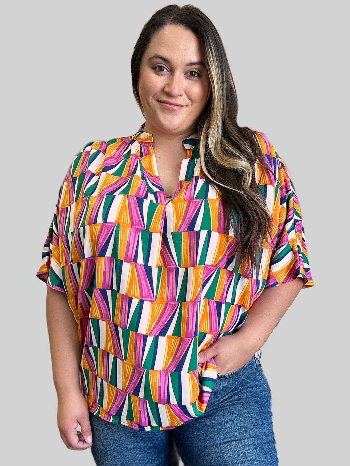 Women Double Take Full Size Geometric Notched Dolman Sleeve Top nicholesgifts