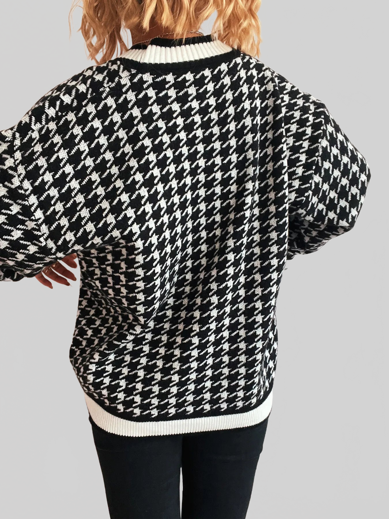 Women Houndstooth Pattern V-Neck Button-Up Cardigan Sweater NicholesGifts