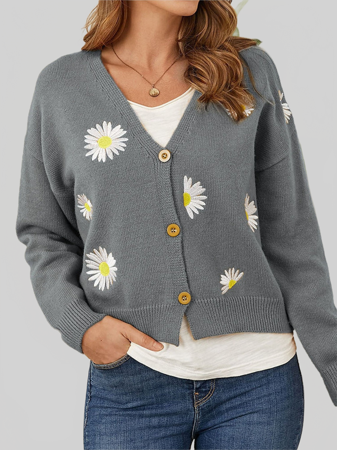 Women Flower Button Front Dropped Shoulder Cardigan NicholesGifts