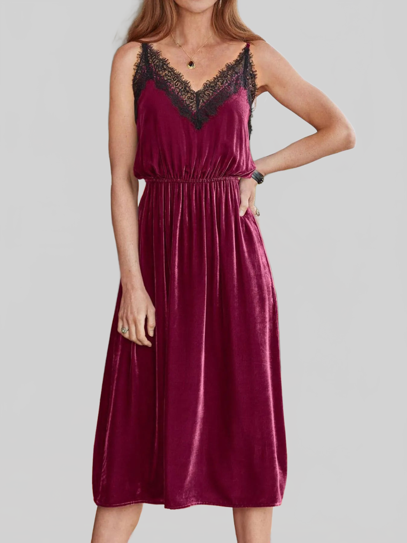 Velvet Cami Lounge Dress with Lace Trim nicholesgifts