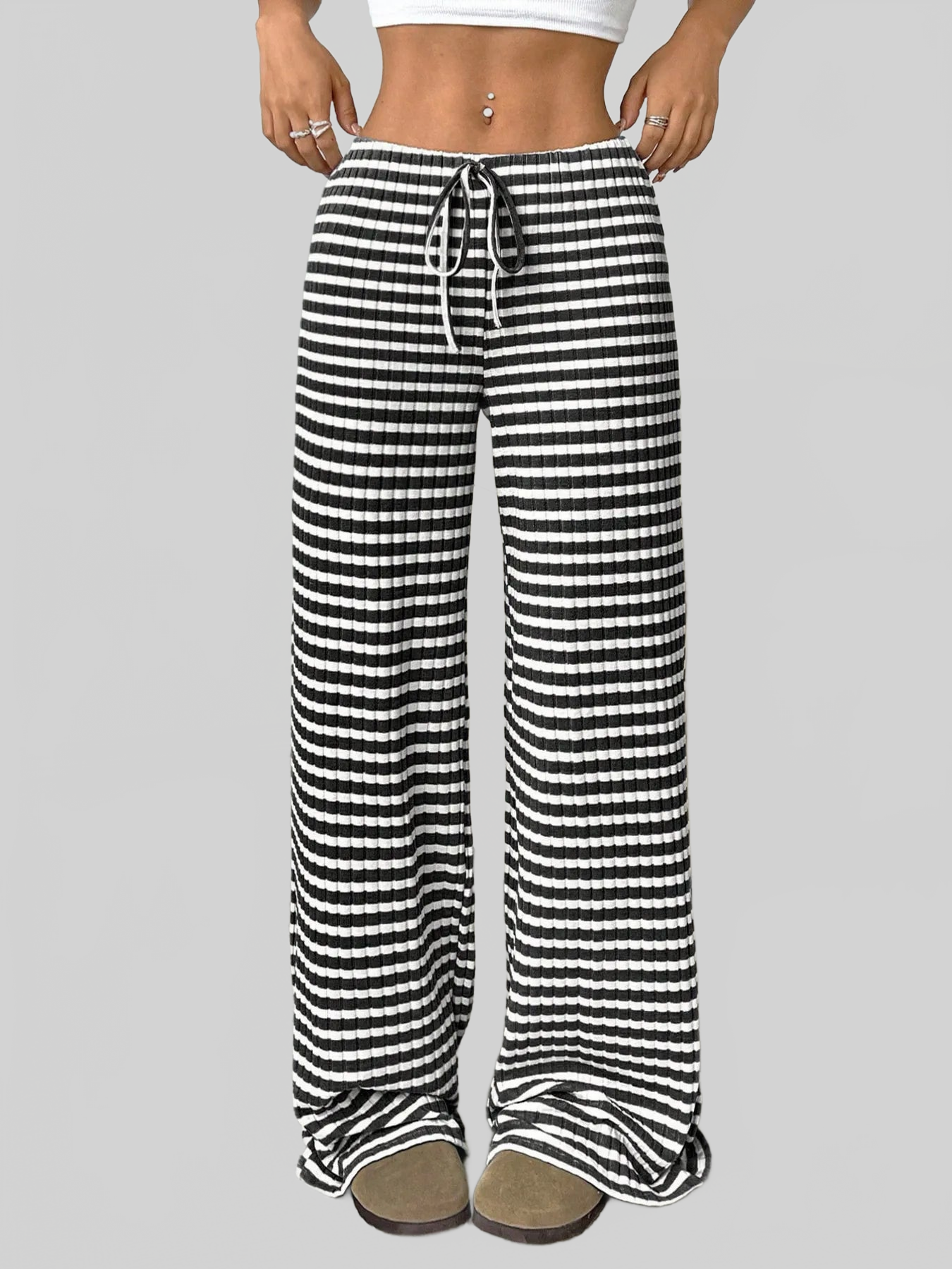 Women Striped Wide Leg Drawstring Pants nicholesgifts