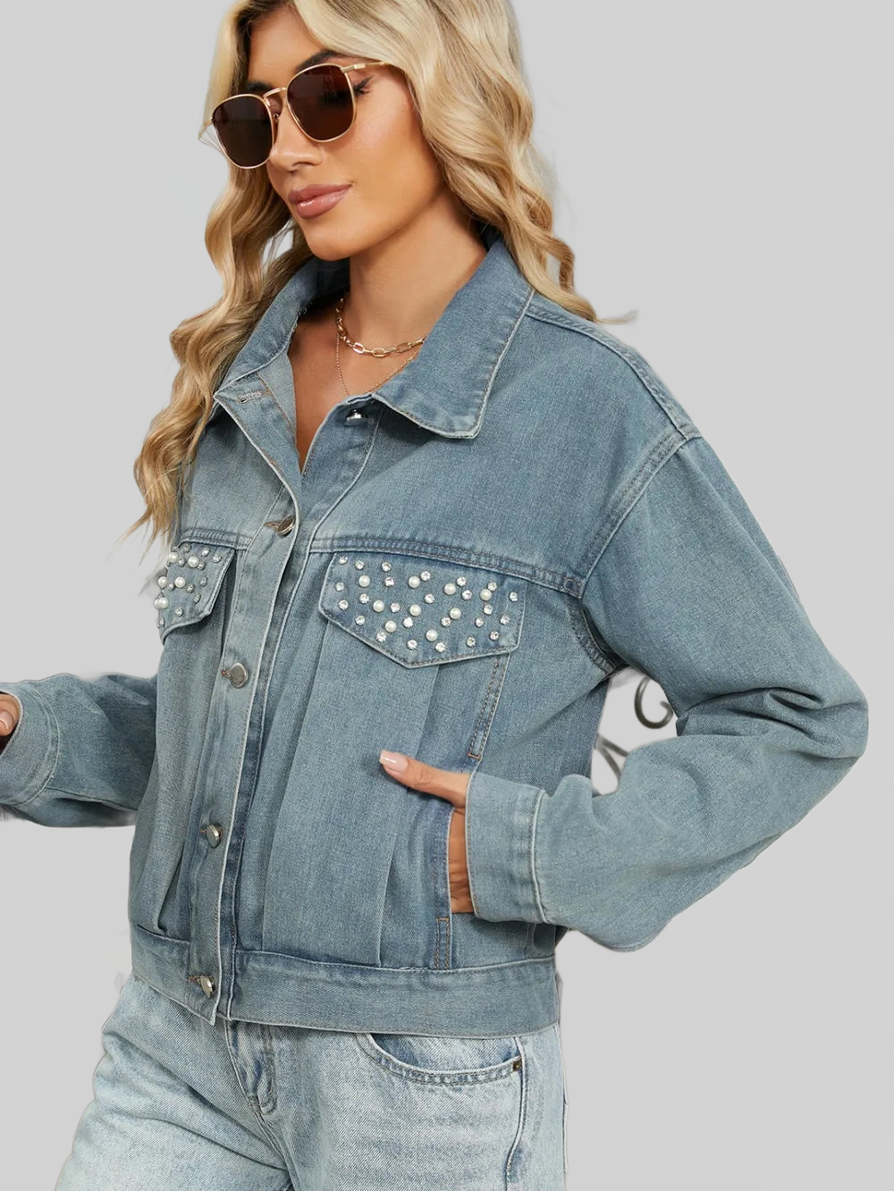 Rhinestone & Peal Trim Button Down Long Sleeve Denim Jacket nicholesgifts