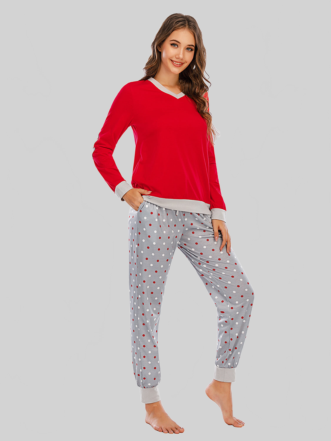 Long Sleeve Top and Polka Dot Pants Set Trendsi