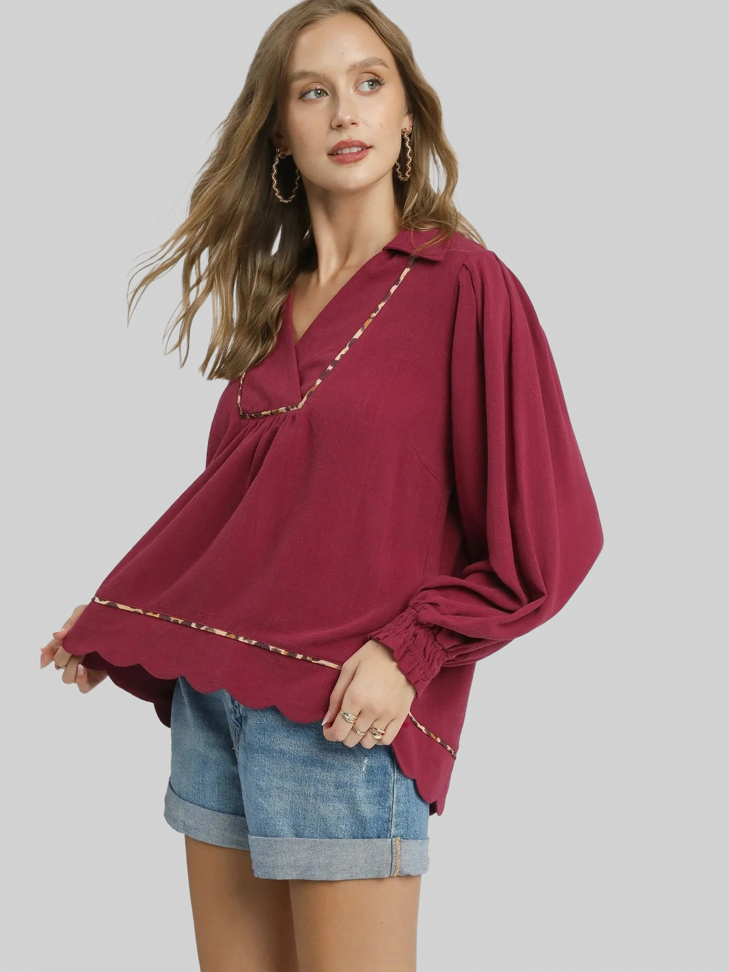 Women Umgee Full Size Linen Scallop Hem Long Sleeve Blouse with Contrast Trim Plus Size NicholesGifts