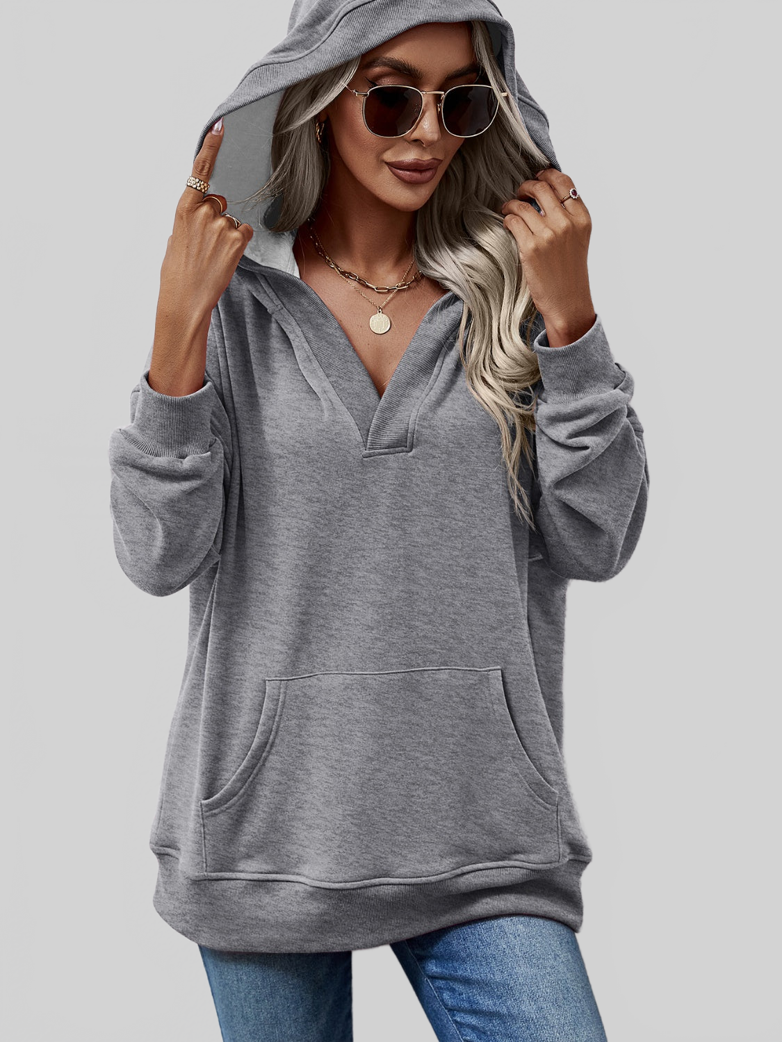 NicholesGifts Women V-Neck Drop Shoulder Long Sleeve Hoodie nicholesgifts