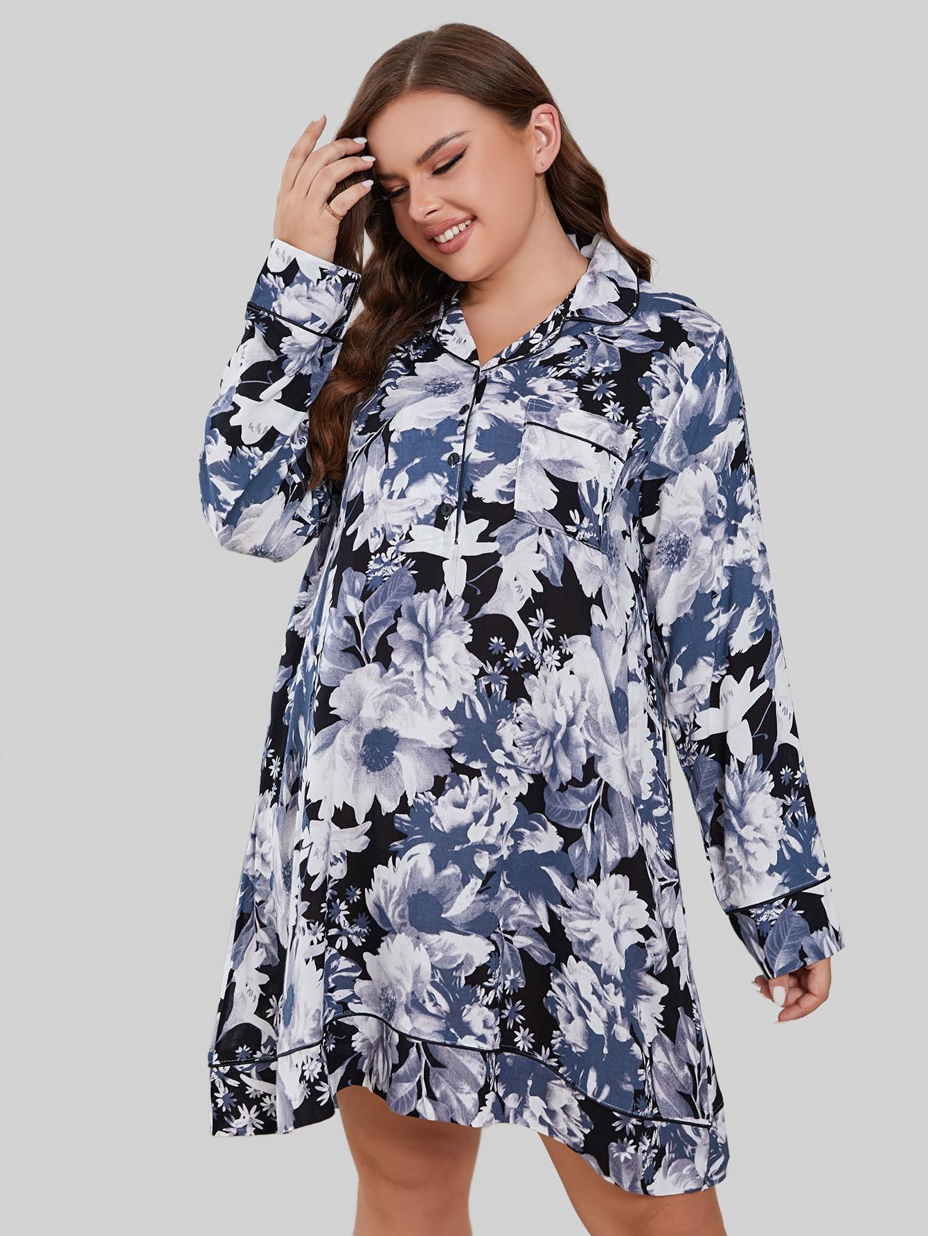 Plus Size Floral Lapel Collar Long Sleeve Night Dress nicholesgifts