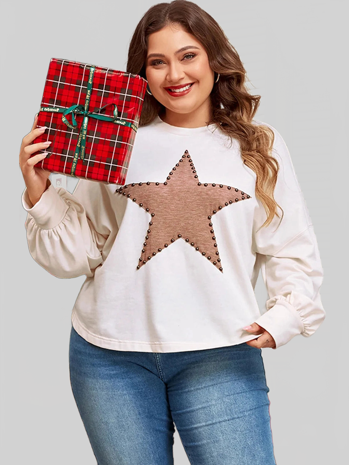 Women Plus Size Studded Star Round Neck Long Sleeve Blouse nicholesgifts