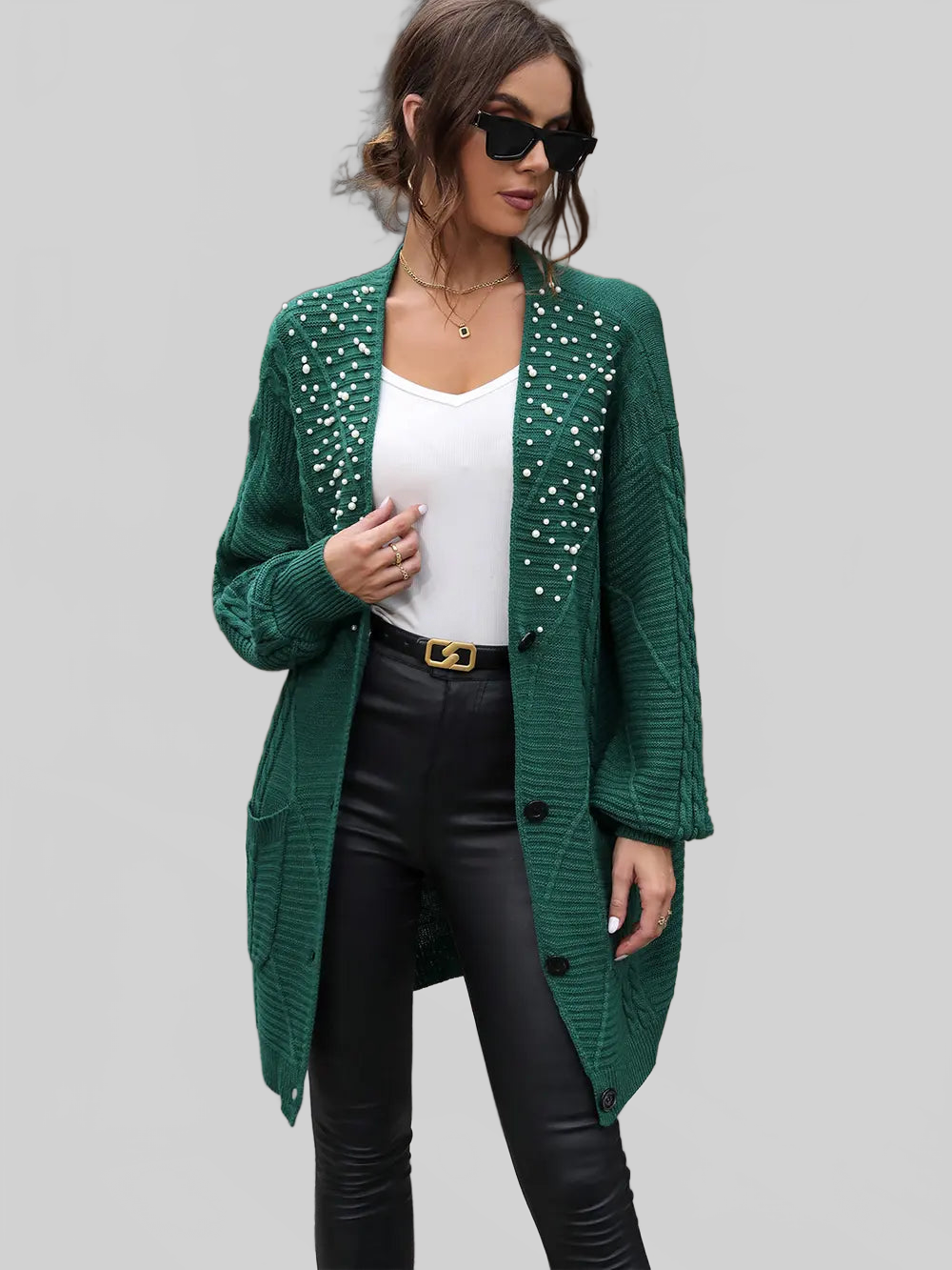 Women Perfee Pearl Detail Cable-Knit Button Up Cardigan nicholesgifts