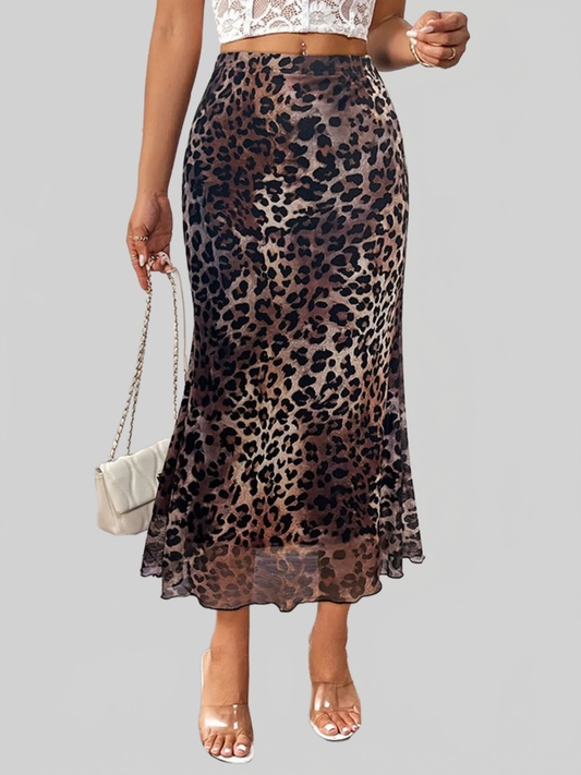 Women Leopard Print Midi Mermaid Skirt nicholesgifts
