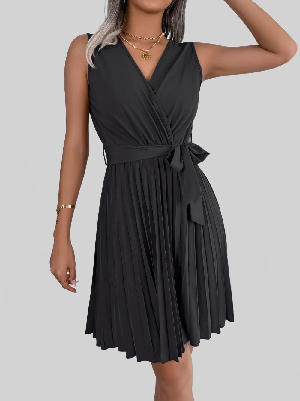 Tied Surplice Sleeveless Pleated Dress nicholesgifts