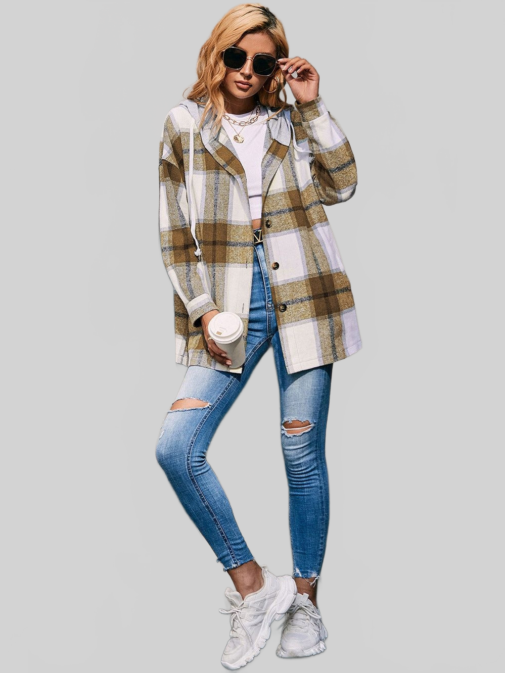 Women Ivy Lane Plaid Dropped Shoulder Hooded Jacket NicholesGifts