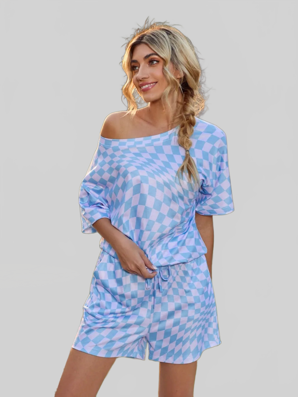 Plaid Round Neck Top and Shorts Lounge Set nicholesgifts