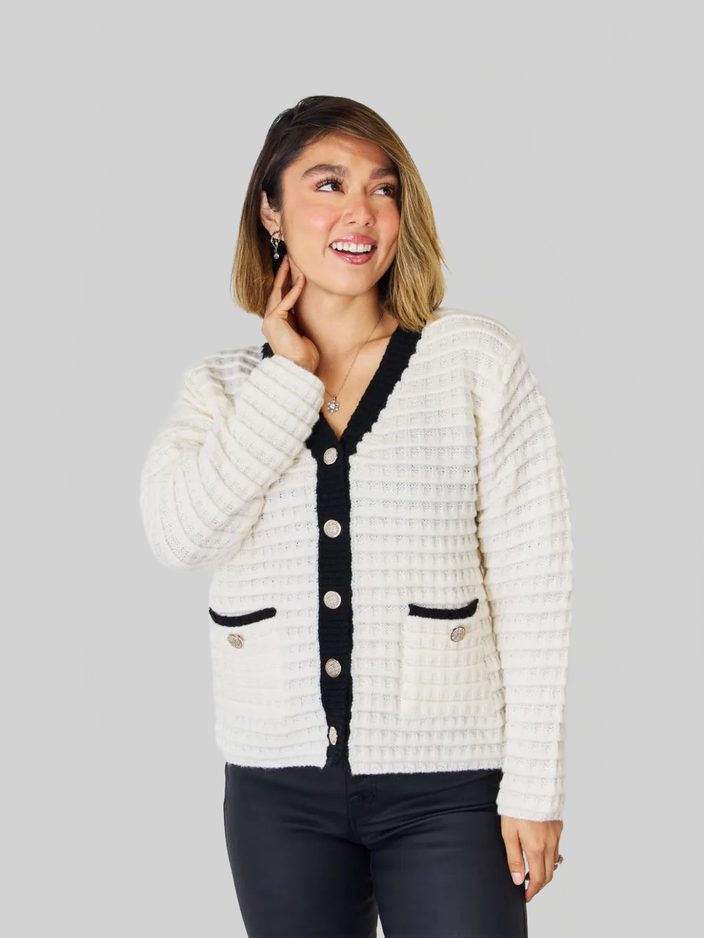 Women Contrast Trim Button Up Cardigan nicholesgifts