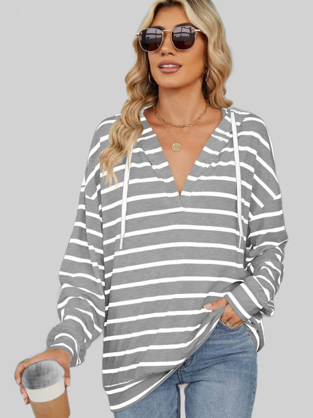 Drawstring Striped Long Sleeve Hoodie NicholesGifts
