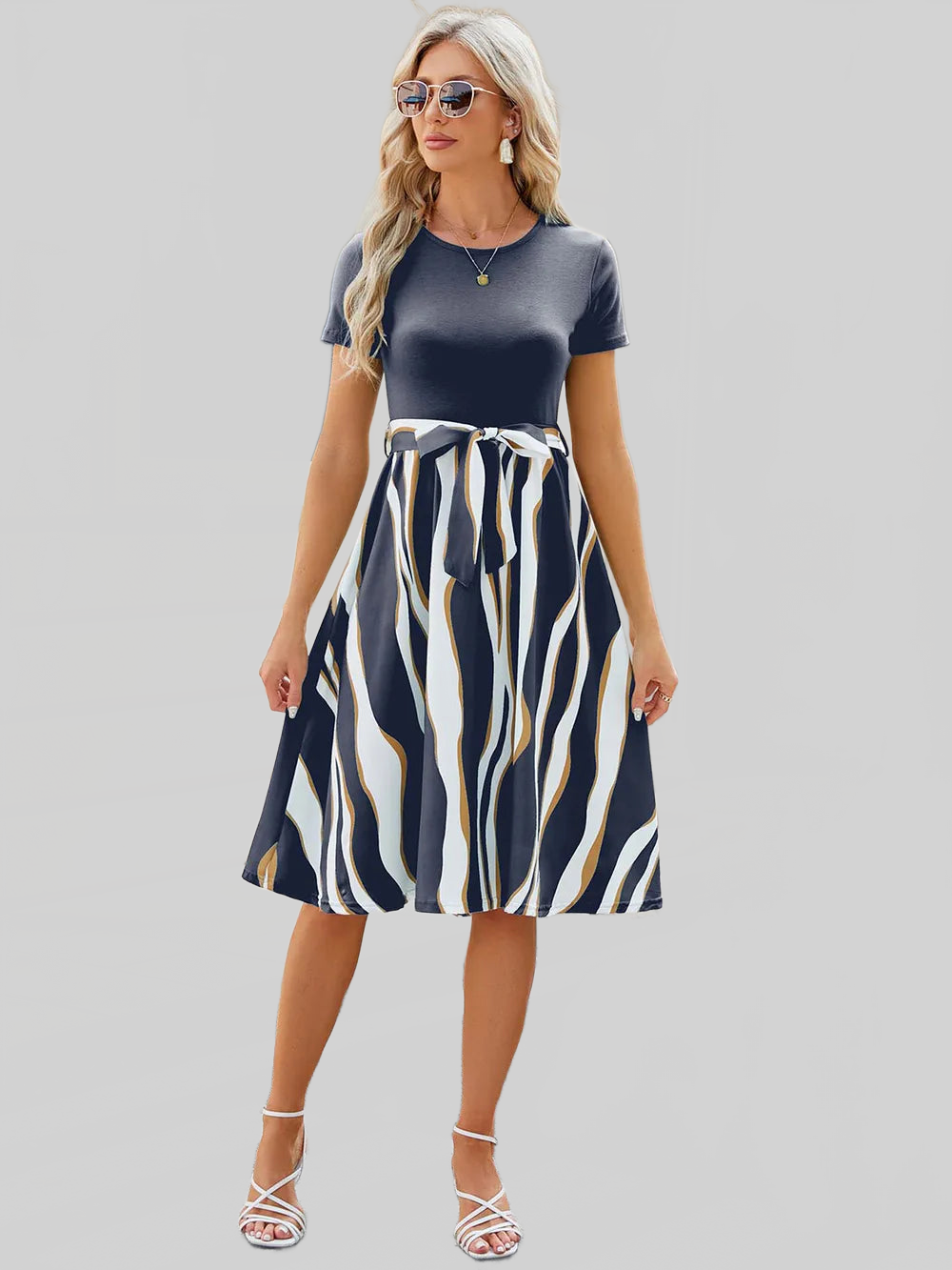Printed Tie Waist Short Sleeve Dress nicholesgifts