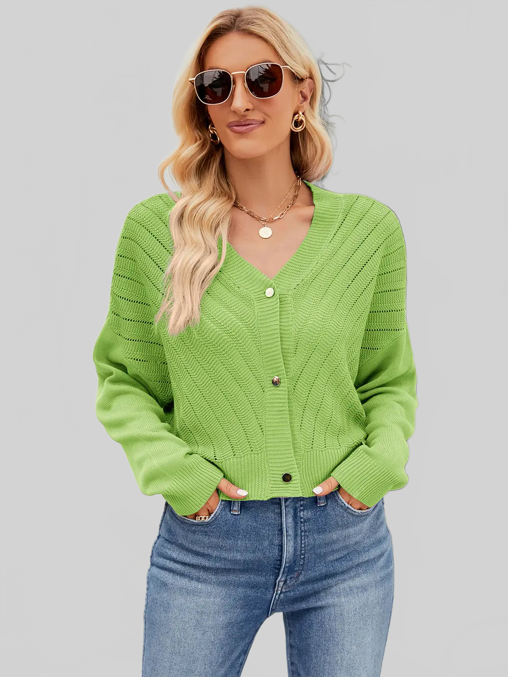 Eyelet Button Front Long Sleeve Cardigan NicholesGifts