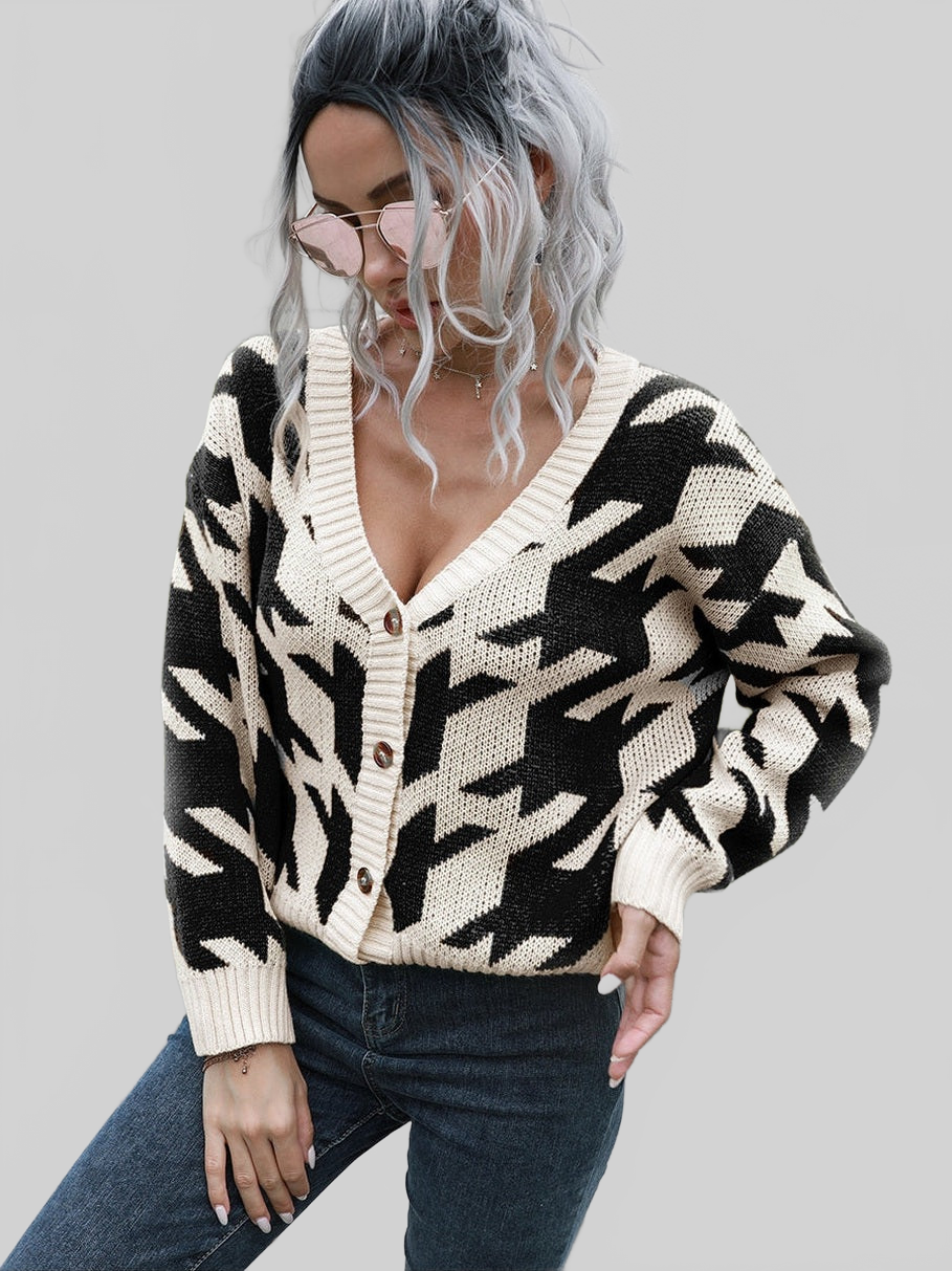 Women Houndstooth Button Down Cardigan Sweater NicholesGifts