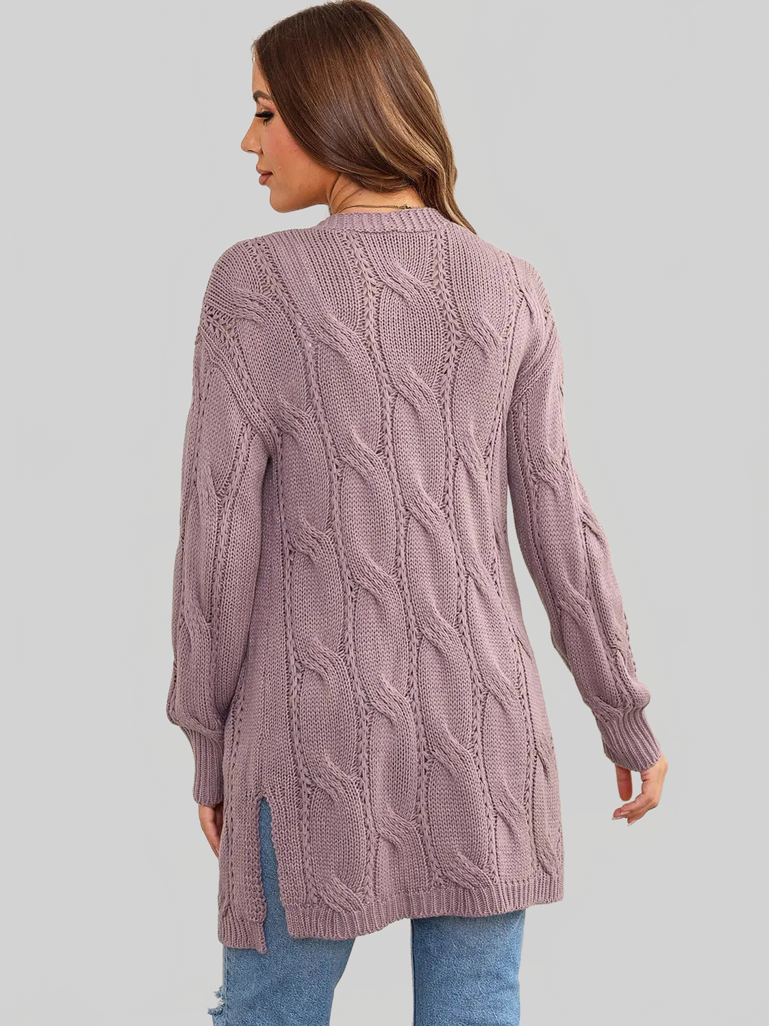 Women Cable-Knit Dropped Shoulder Slit Cardigan nicholesgifts