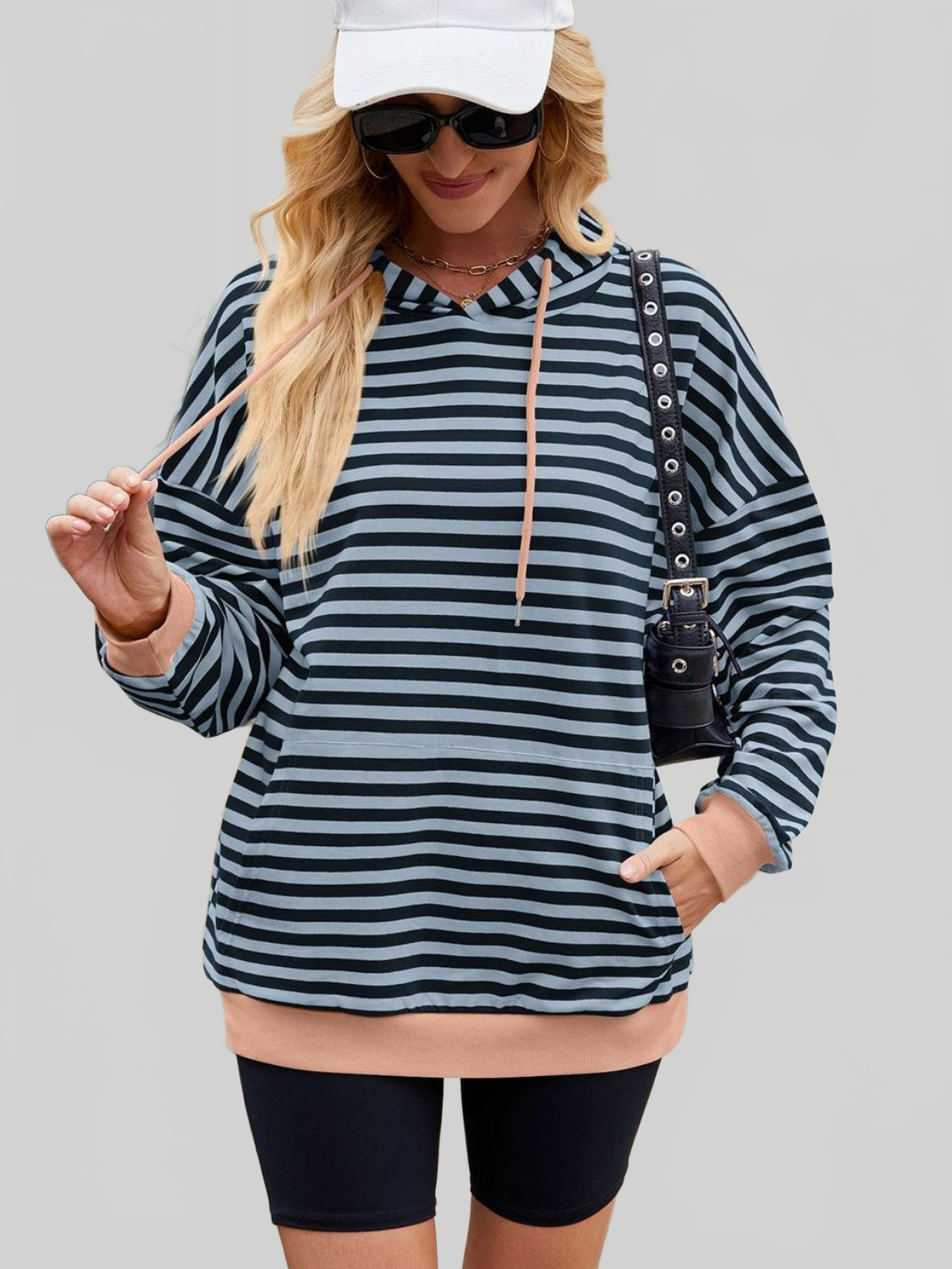 NicholesGifts Women Drawstring Contrast Striped Long Sleeve Hoodie NicholesGifts