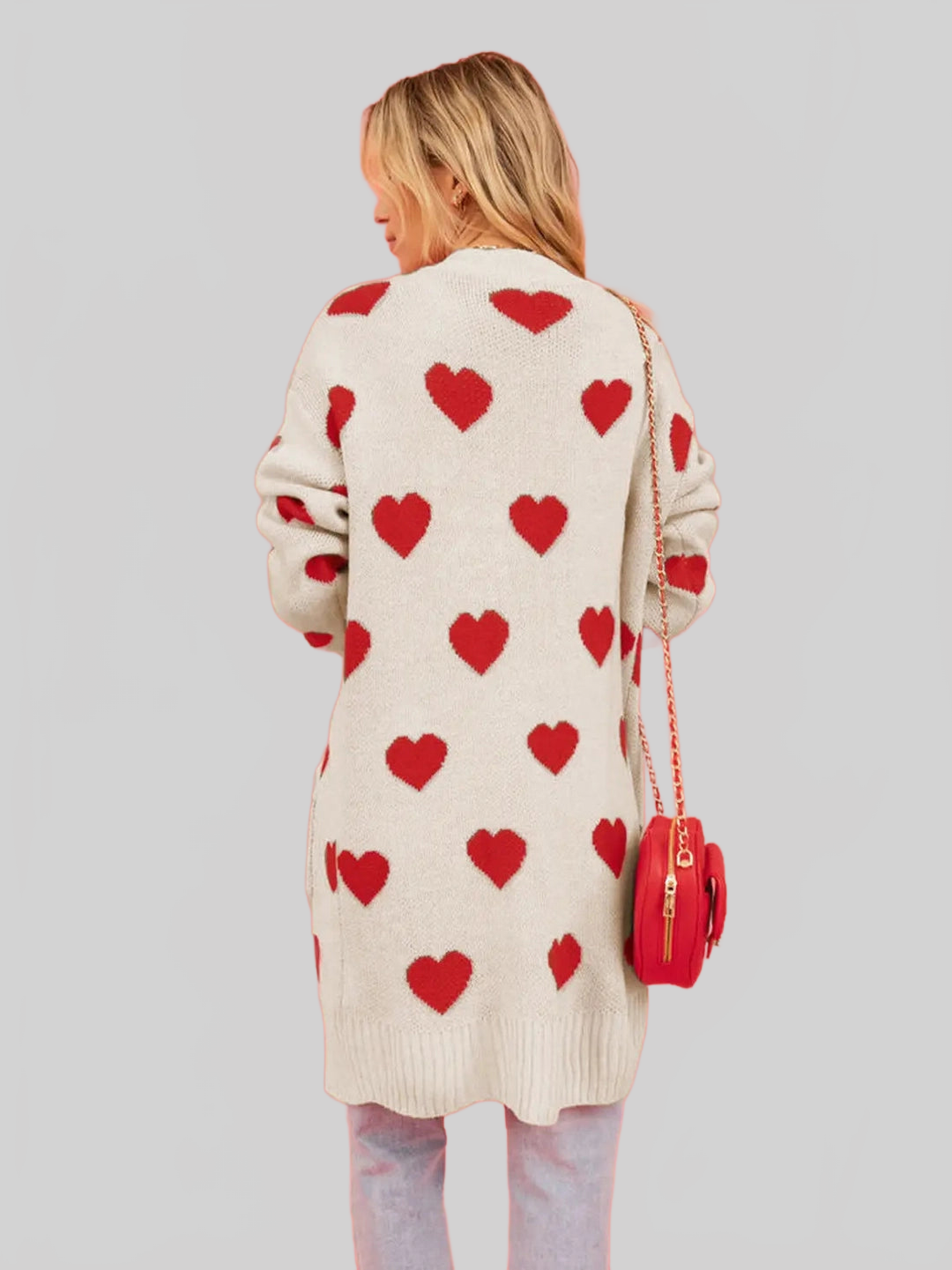 Women Heart Graphic Open Front Cardigan with Pockets nicholesgifts