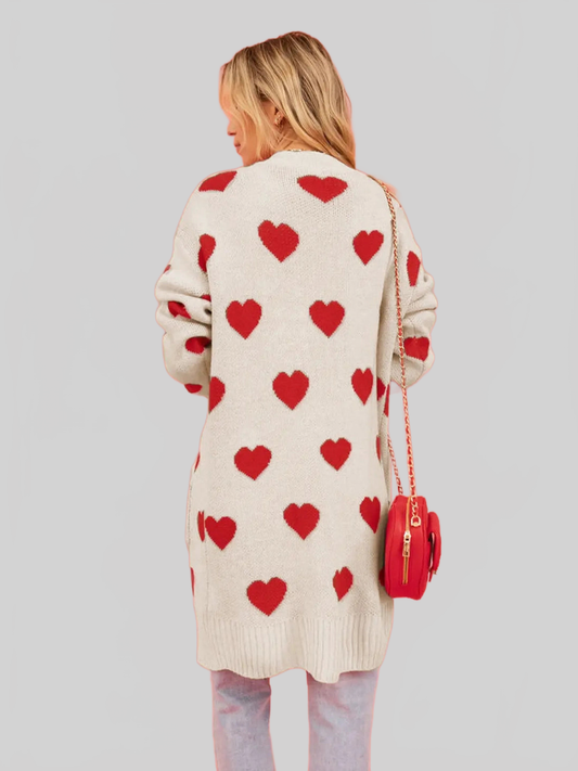 Women Heart Graphic Open Front Cardigan with Pockets nicholesgifts