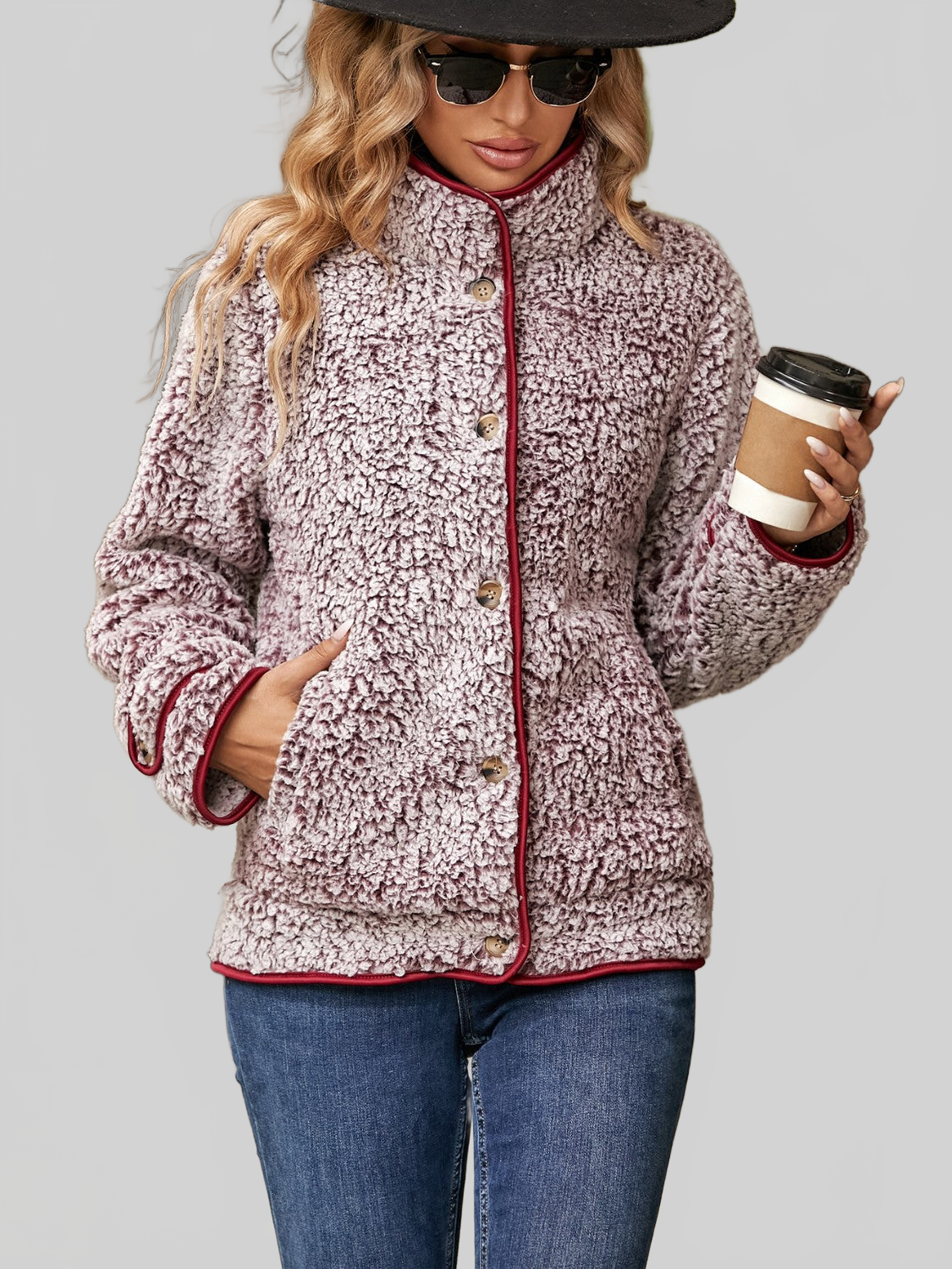 NicholesGifts Women Fuzzy Pocketed Button Up Jacket NicholesGifts