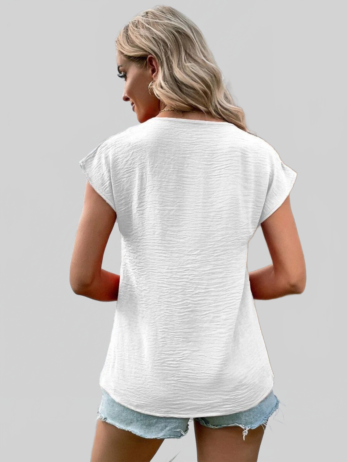 Decorative Button V-Neck Short Sleeve Blouse nicholesgifts