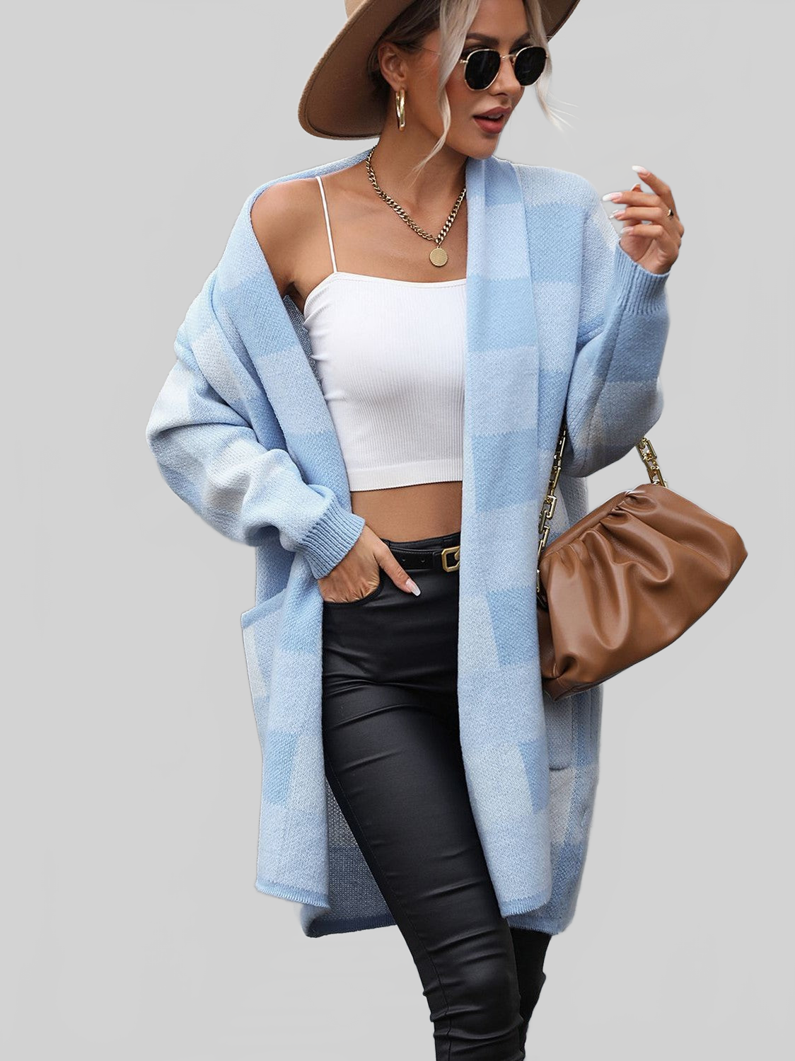 Plaid Dropped Shoulder Cardigan with Pocket nicholesgifts
