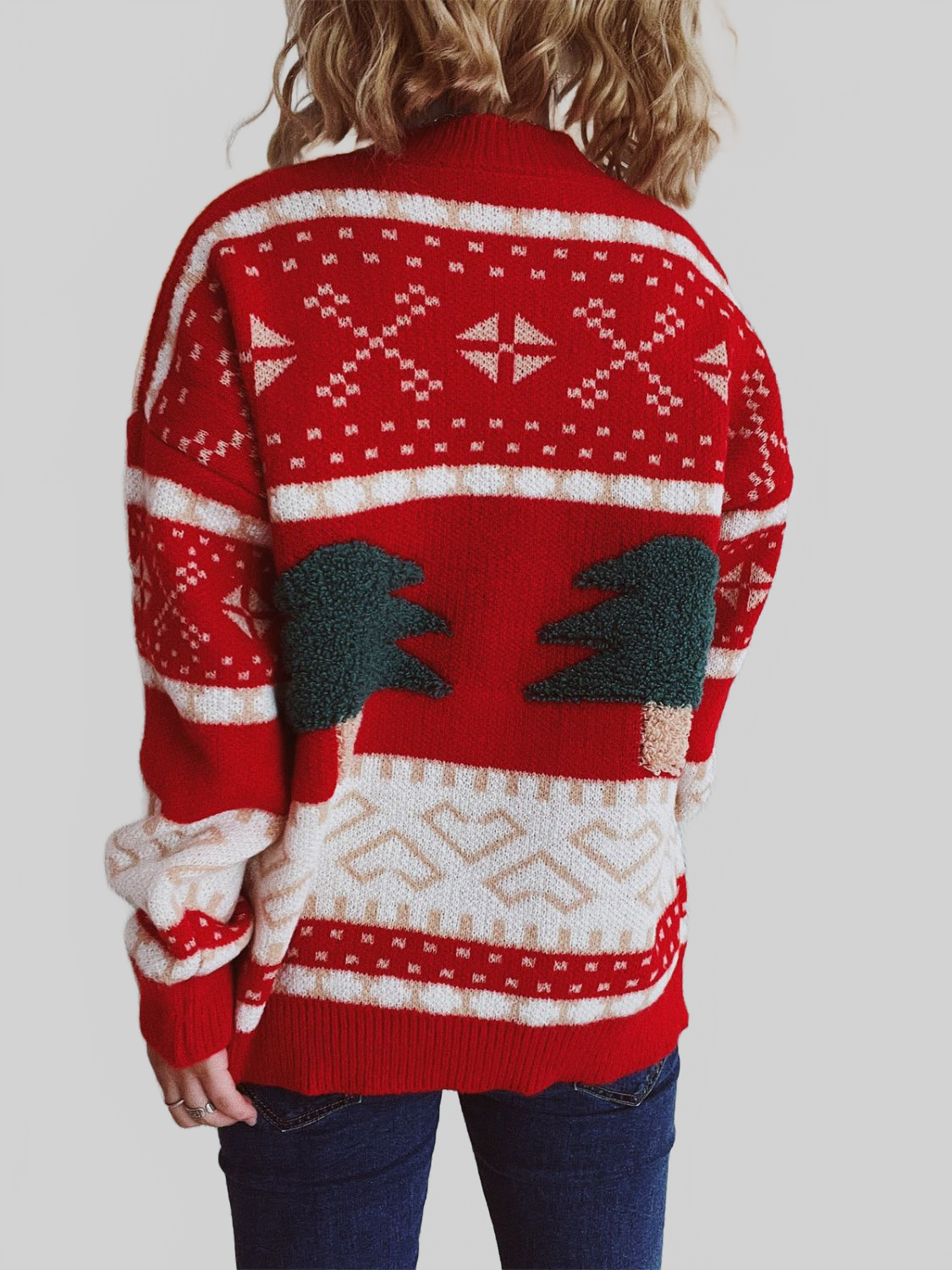 Women Christmas Tree Mock Neck Long Sleeve Sweater nicholesgifts