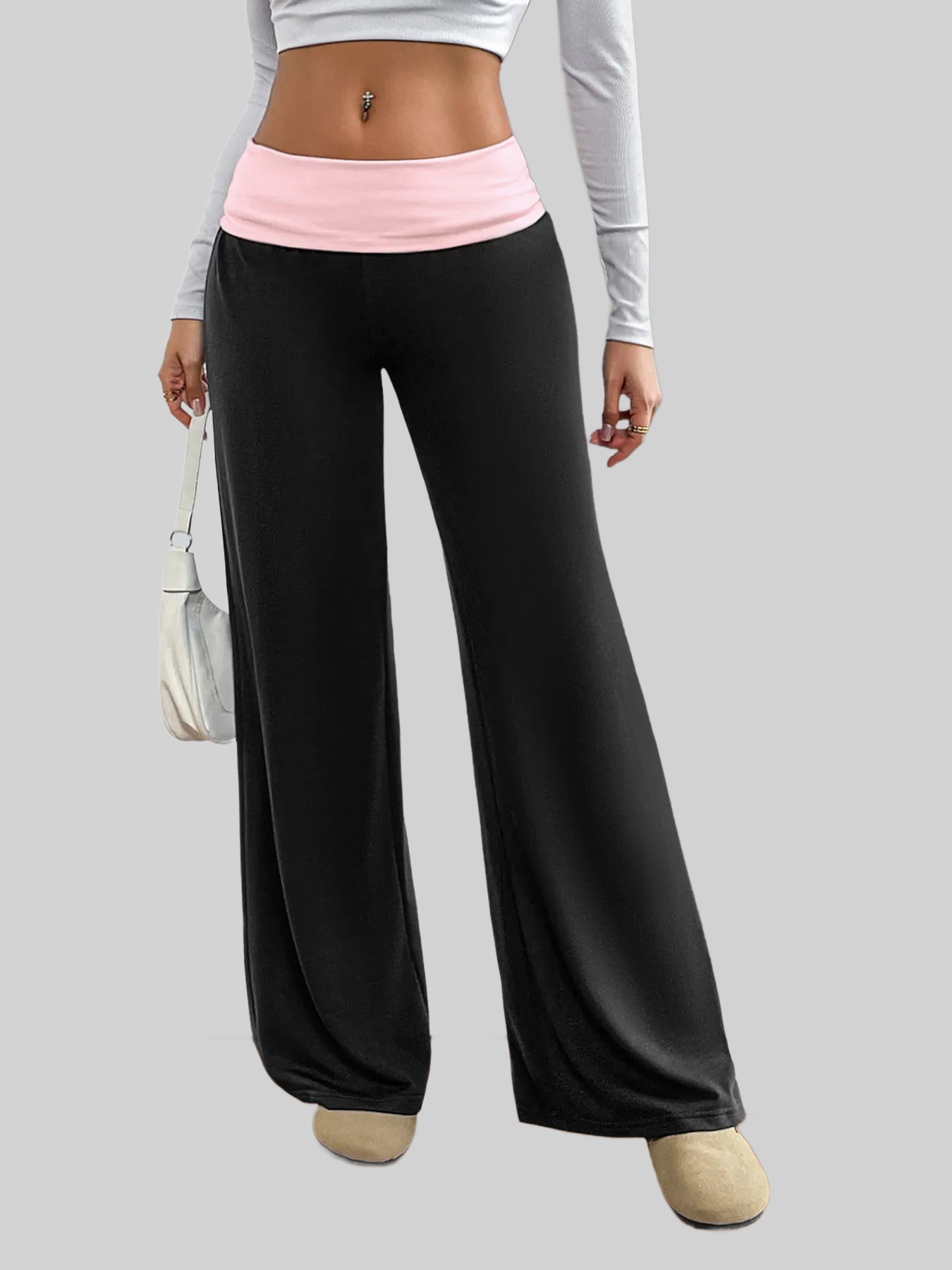 Women Contrast Waistband Wide Leg Pants nicholesgifts
