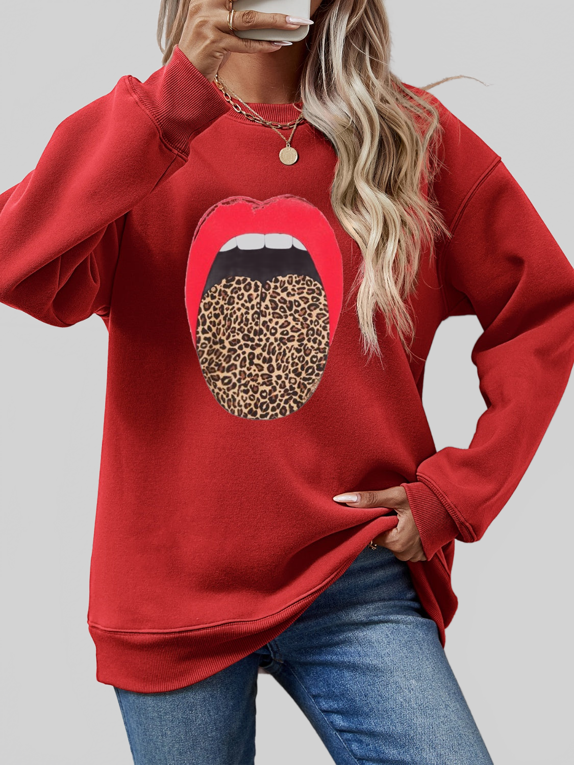 Women Leopard Lip Graphic Round Neck Sweatshirt NicholesGifts