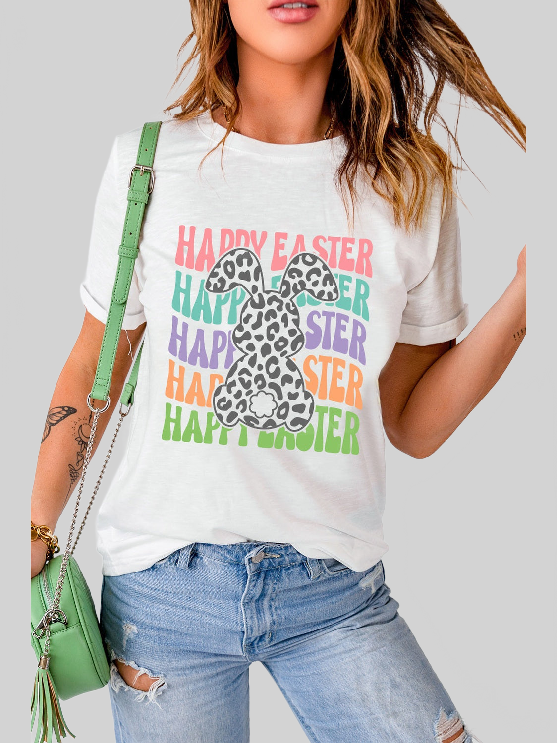 Women Happy Easter Round Neck Short Sleeve T-Shirt nicholesgifts