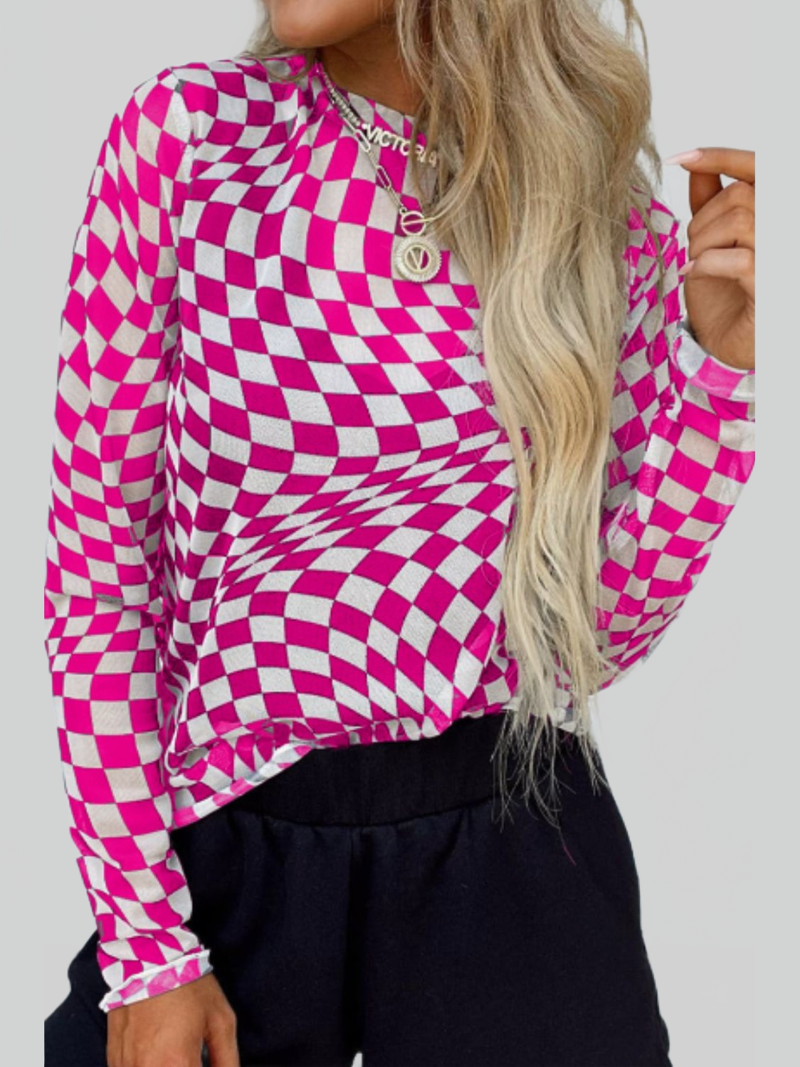 Women Checkered Mock Neck Long Sleeve Blouse nicholesgifts