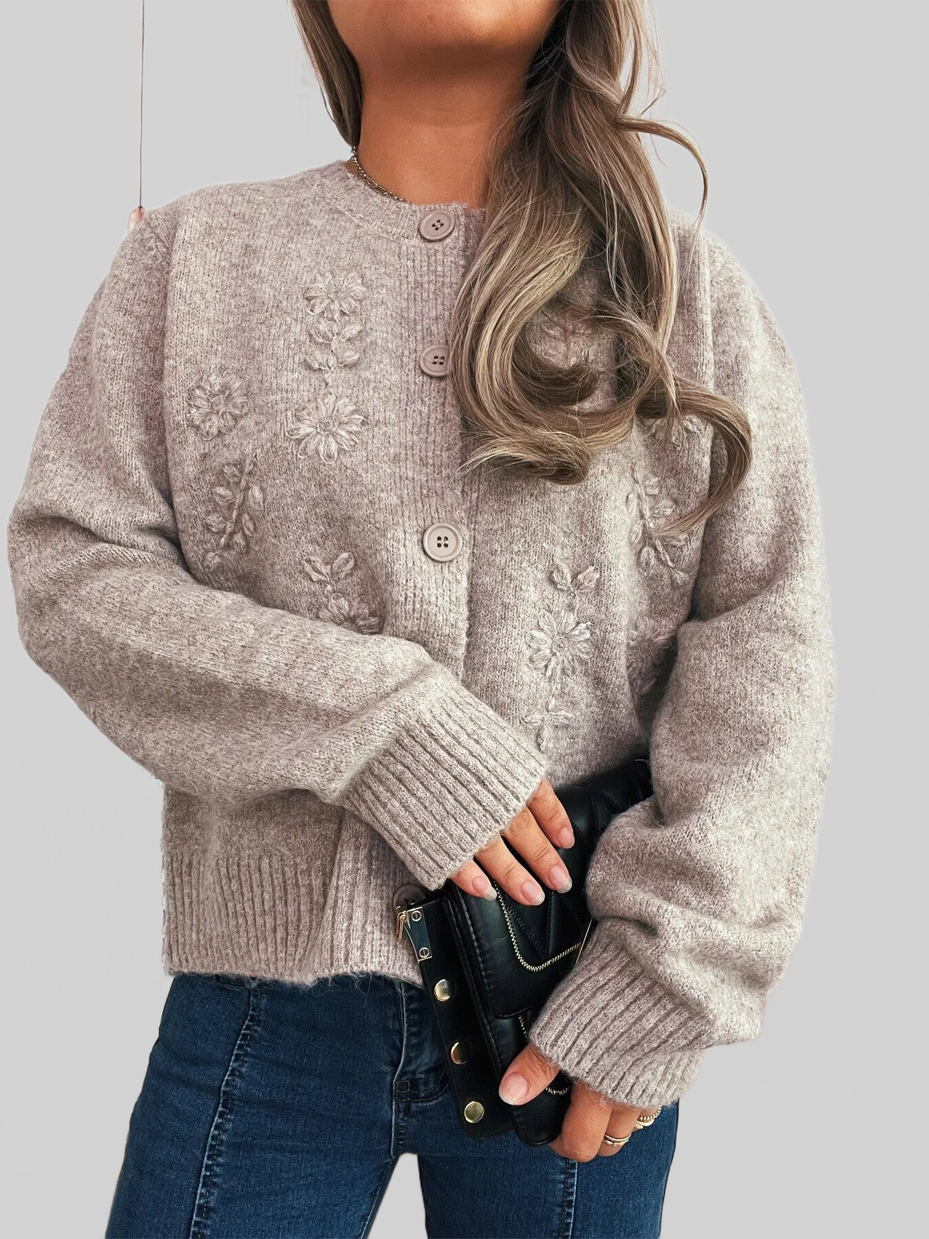 Flower Button Up Ribbed Hem Cardigan nicholesgifts