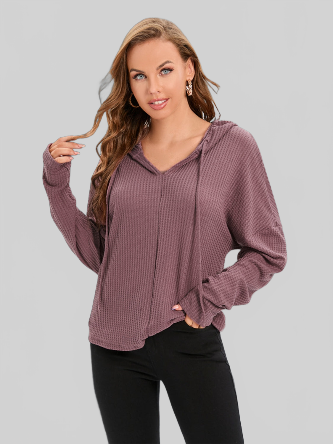 Waffle-Knit Drawstring Drop Shoulder Hoodie NicholesGifts