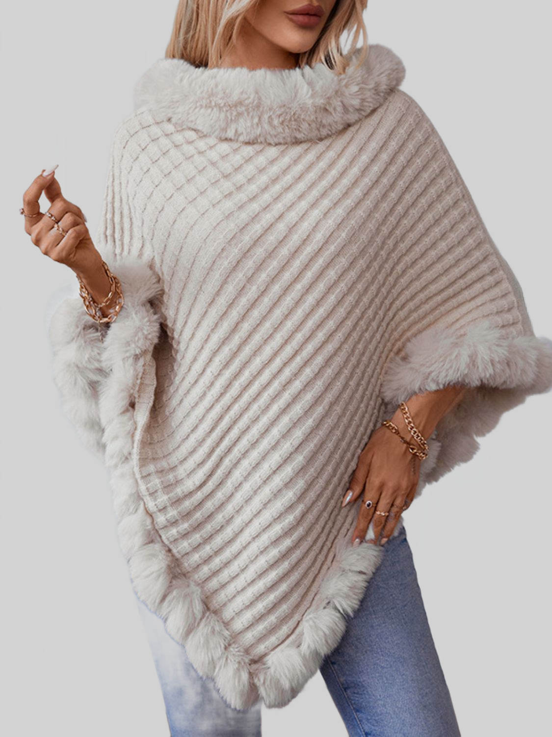 Women Fuzzy Trim Texture Three-Quarter Sleeve Poncho nicholesgifts