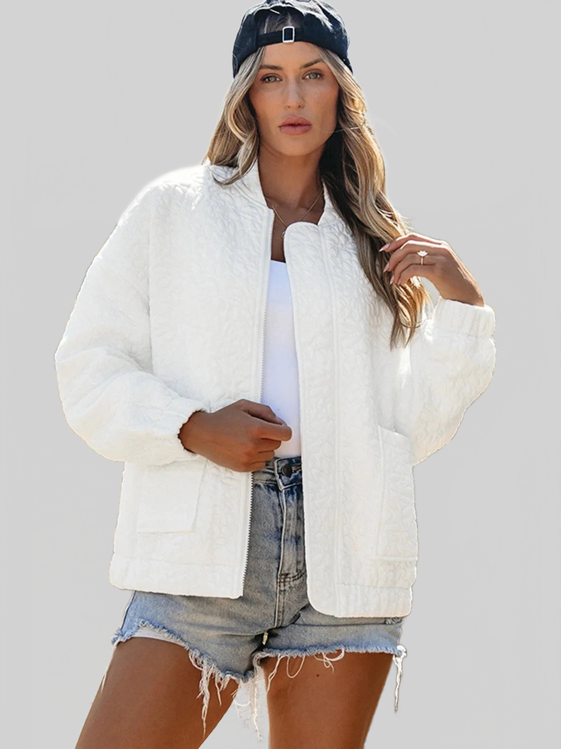 Baseball Collar Floral Quilted Jacket NicholesGifts