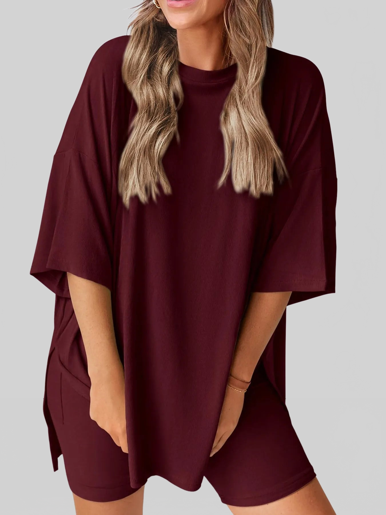 Full Size Oversized Slit Round Neck Top and Shorts Lounge Set Plus Size nicholesgifts