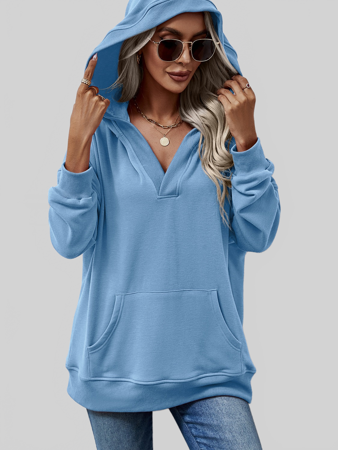 NicholesGifts Women V-Neck Drop Shoulder Long Sleeve Hoodie nicholesgifts