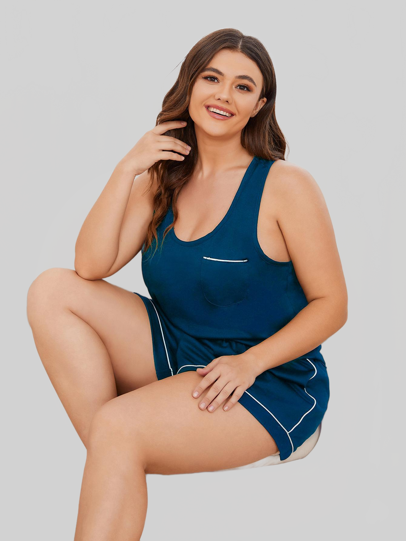 Plus Size Contrast Piping Racerback Tank and Shorts Lounge Set nicholesgifts