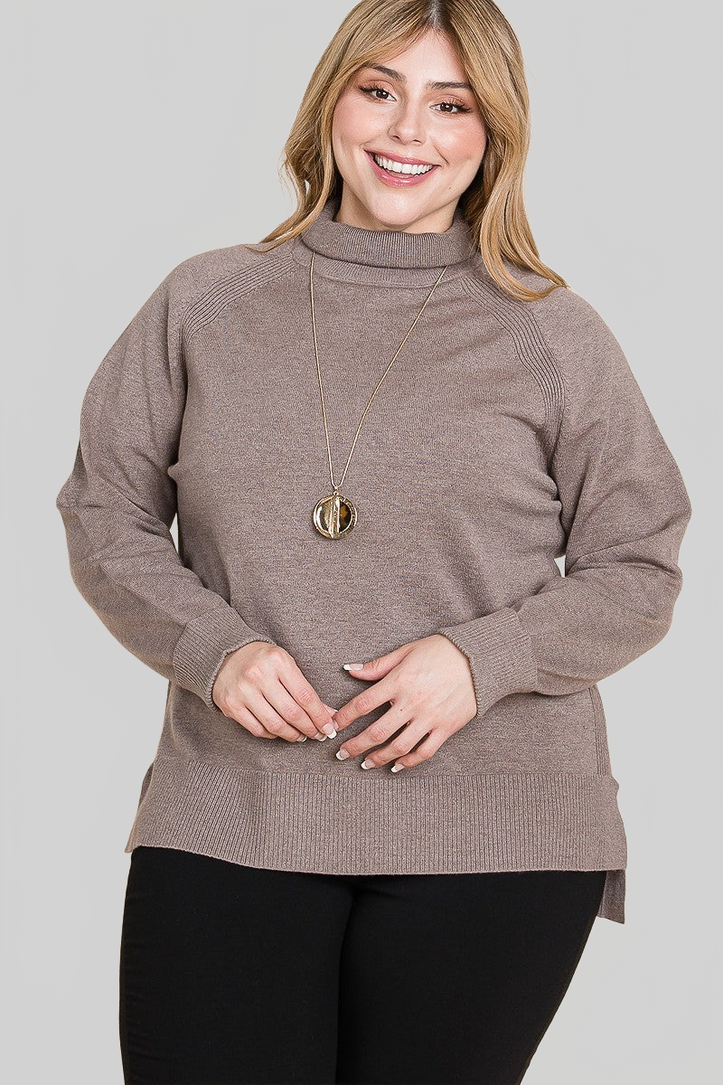 Plus Size High Quality Buttery Soft Solid Knit Turtleneck Two Tone High Low Hem Sweater nicholesgifts