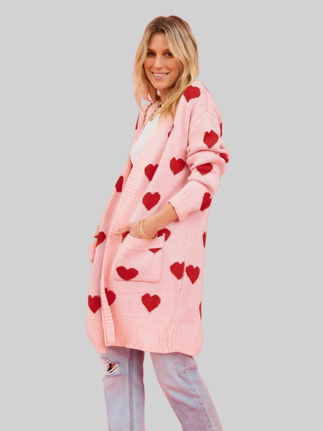 Women Heart Graphic Open Front Cardigan with Pockets nicholesgifts