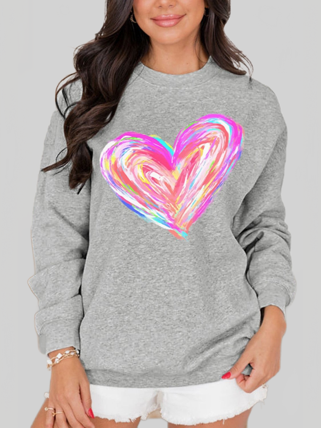 Women Valentine’s Day Heart Round Neck Drop Shoulder Sweatshirt NicholesGifts