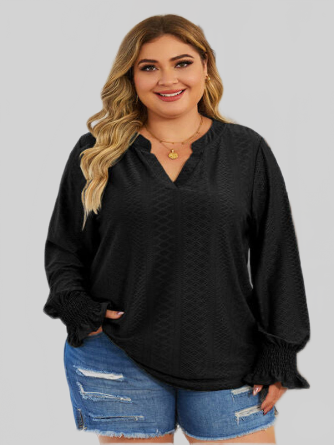 Plus Size Women Eyelet Notched Flounce Sleeve Blouse NicholesGifts