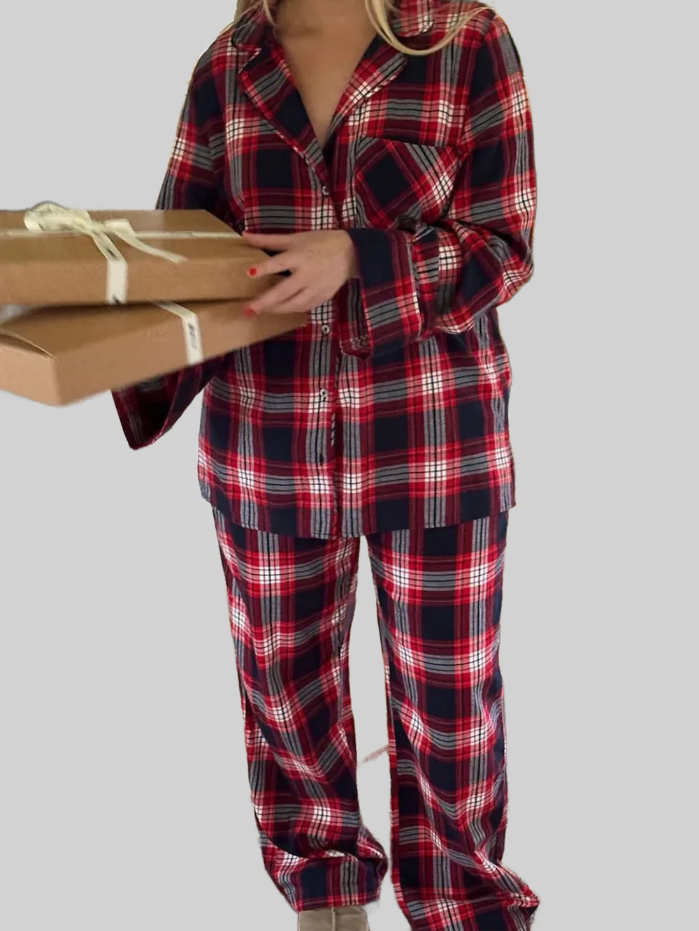 Plaid Collared Neck Button Up Top and Pants Lounge Set nicholesgifts